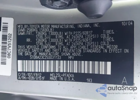 2005 Toyota Sienna Le z USA, uszkodzony, nr VIN 5TDBA23C25S031133